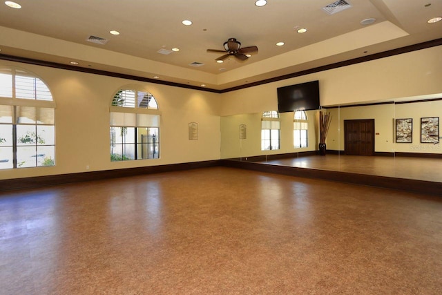 interior space featuring a raised ceiling, a high ceiling, and a healthy amount of sunlight