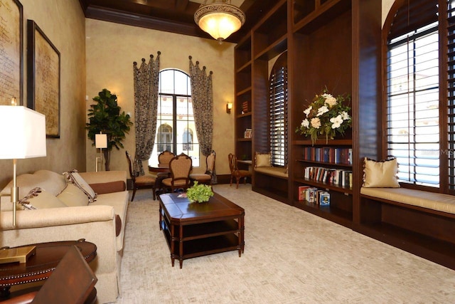 sitting room with a high ceiling and carpet