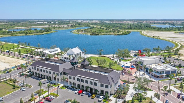 aerial view featuring a water view