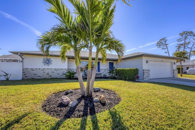 ranch-style home with a garage and a front lawn