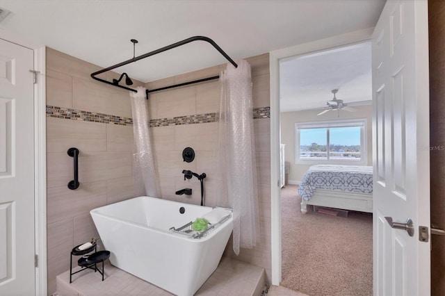 bathroom with independent shower and bath and tile walls