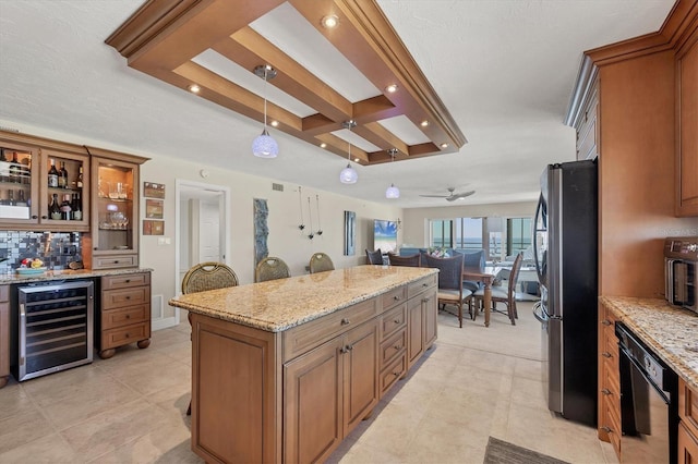 kitchen with stainless steel fridge, light stone countertops, black dishwasher, and wine cooler