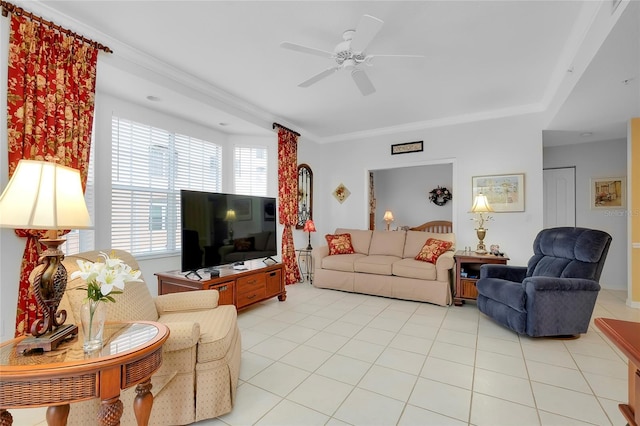 living room with light tile patterned flooring and ceiling fan