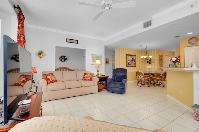 tiled living room featuring crown molding and ceiling fan with notable chandelier