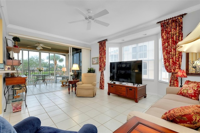 tiled living room featuring ornamental molding and ceiling fan