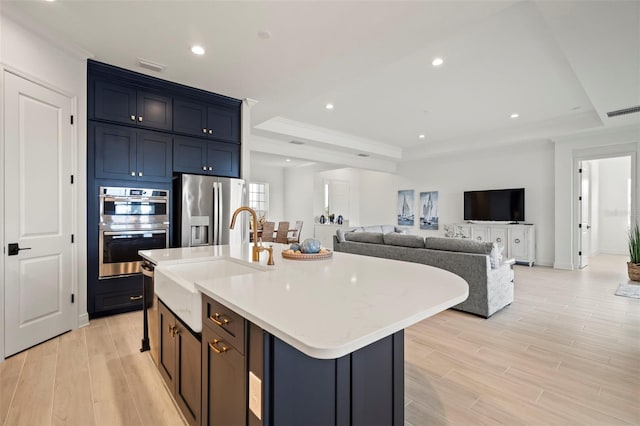 kitchen featuring a raised ceiling, appliances with stainless steel finishes, sink, and a center island with sink