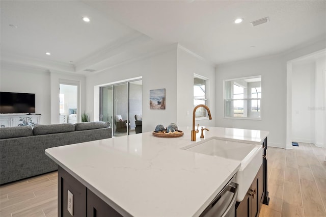 kitchen with crown molding, light stone countertops, a kitchen island with sink, and sink