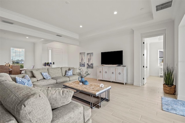 living room featuring ornamental molding and a tray ceiling