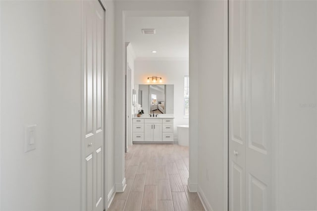 corridor with crown molding and sink