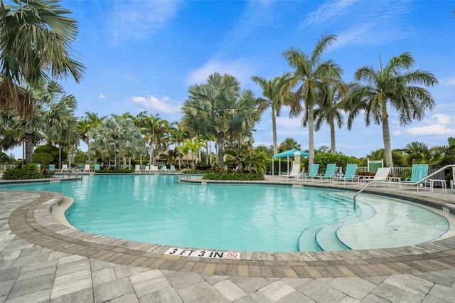 view of swimming pool with a patio area