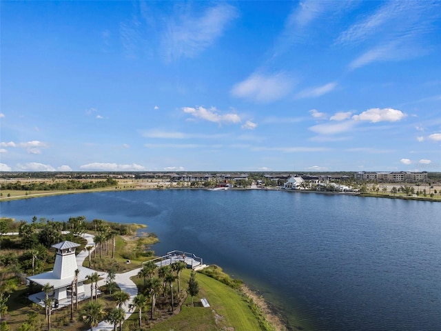 drone / aerial view featuring a water view