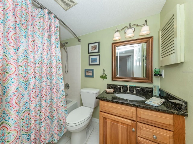 full bathroom with vanity, toilet, tile patterned floors, a textured ceiling, and shower / bath combo with shower curtain