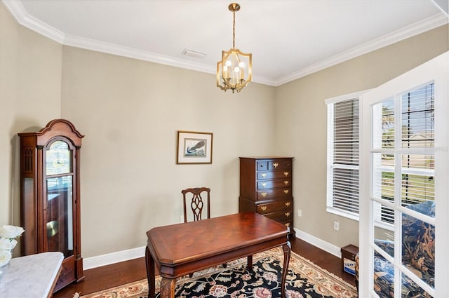 office area featuring dark hardwood / wood-style flooring, a notable chandelier, and ornamental molding