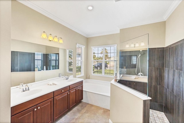 bathroom featuring crown molding, vanity, and shower with separate bathtub