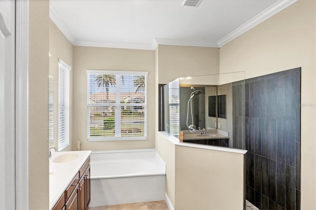 bathroom featuring shower with separate bathtub, vanity, and crown molding