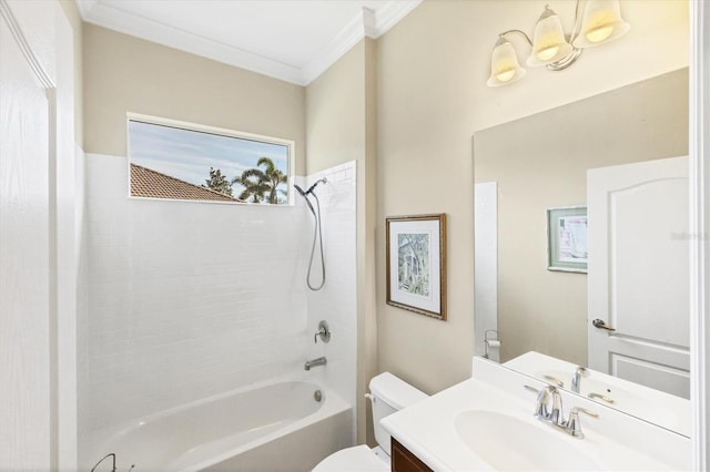 full bathroom with vanity, crown molding, toilet, and washtub / shower combination