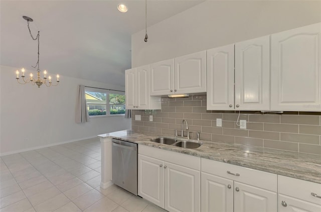 kitchen with sink, white cabinetry, hanging light fixtures, dishwasher, and light stone countertops