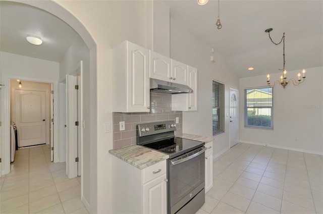 kitchen with stainless steel electric range, white cabinets, pendant lighting, light stone countertops, and backsplash