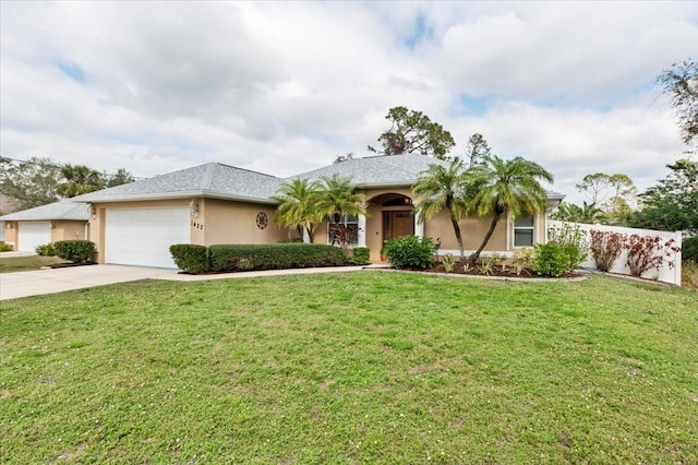 ranch-style home featuring a garage and a front yard