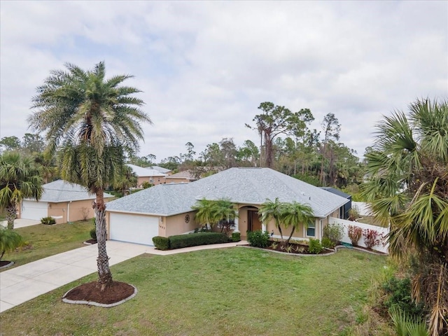 single story home featuring a garage and a front yard