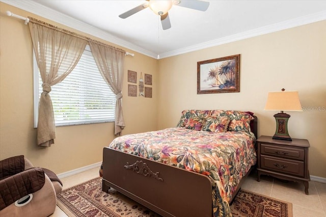 tiled bedroom with ceiling fan and ornamental molding