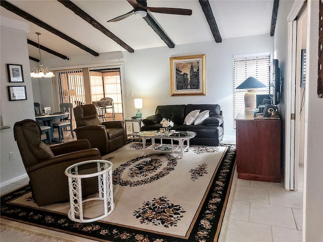 living room featuring vaulted ceiling with beams, ceiling fan with notable chandelier, and light tile patterned floors