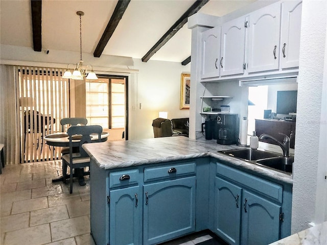 kitchen with pendant lighting, white cabinetry, sink, kitchen peninsula, and blue cabinetry