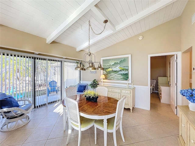 tiled dining room featuring wooden ceiling, vaulted ceiling with beams, and a notable chandelier