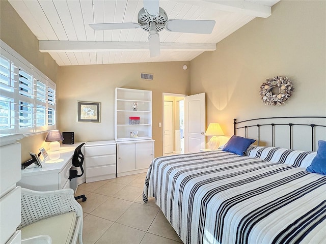 tiled bedroom with ceiling fan, lofted ceiling with beams, and wooden ceiling