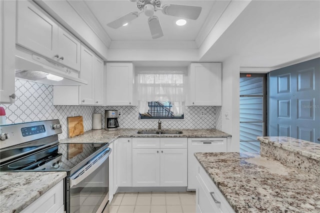 kitchen featuring white cabinets, white dishwasher, sink, and electric range