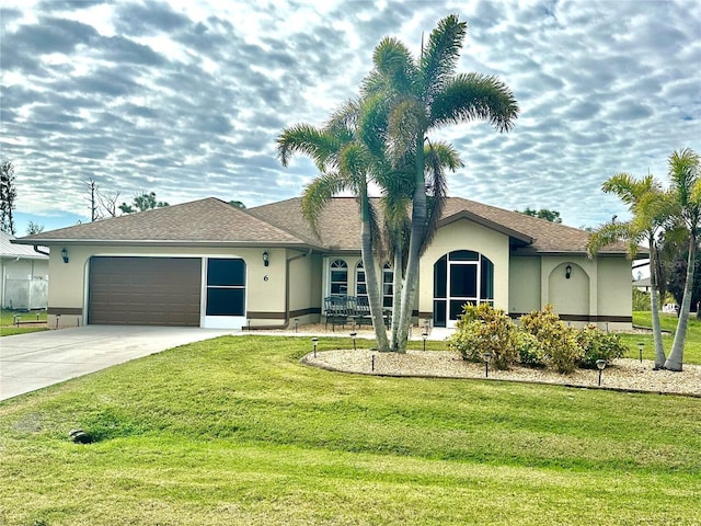 ranch-style house featuring a garage and a front yard