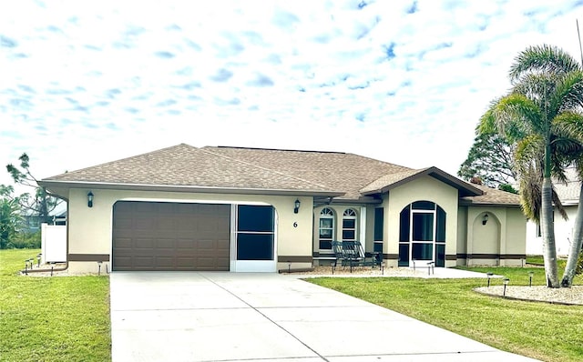 ranch-style house with a garage and a front lawn