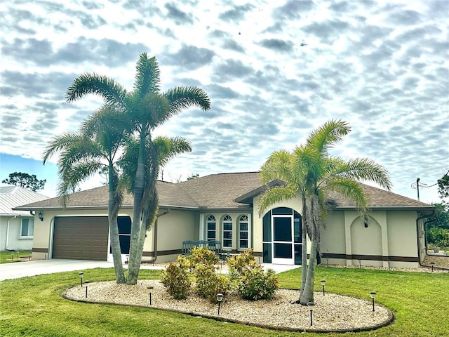 ranch-style home with a garage and a front lawn