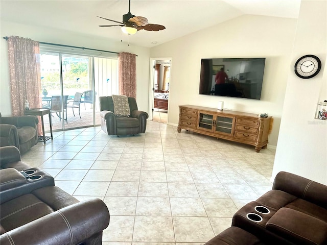 tiled living room featuring vaulted ceiling and ceiling fan