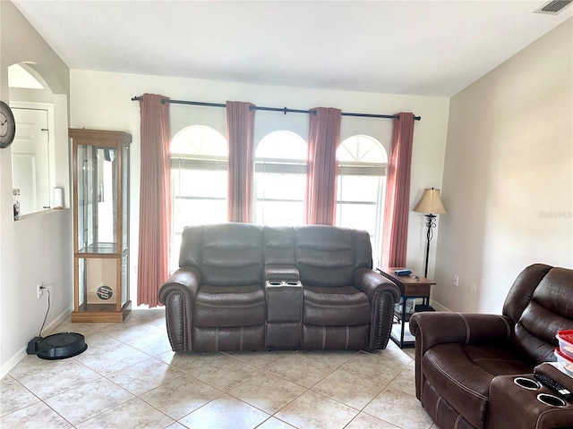 living room featuring light tile patterned floors