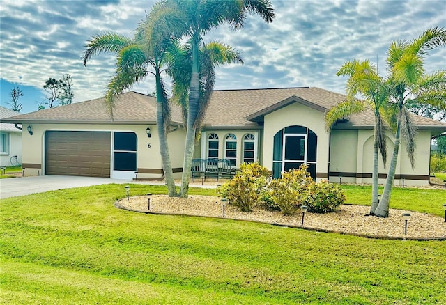 single story home with a garage and a front yard