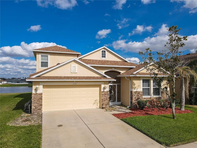 view of front of property featuring stone siding, driveway, a front lawn, and stucco siding