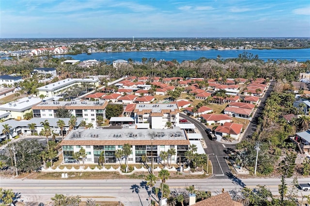 drone / aerial view with a water view