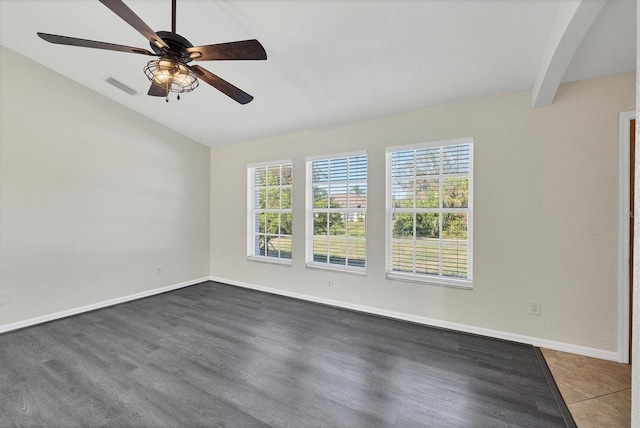 unfurnished room with dark wood-type flooring, ceiling fan, and lofted ceiling