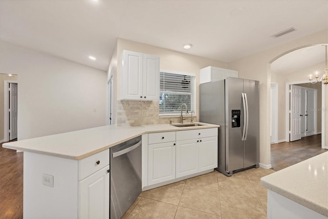 kitchen with sink, appliances with stainless steel finishes, white cabinets, decorative backsplash, and kitchen peninsula