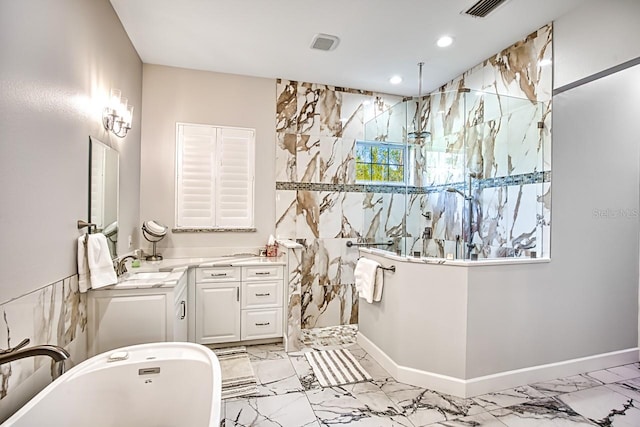 bathroom featuring independent shower and bath and vanity