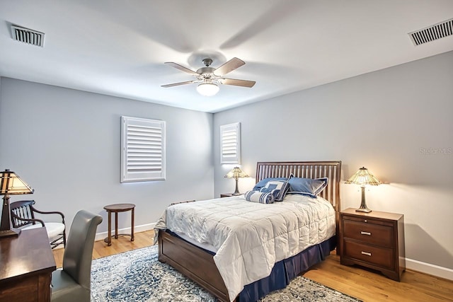 bedroom featuring ceiling fan and light wood-type flooring