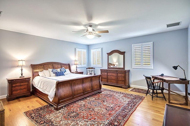 bedroom with ceiling fan and light wood-type flooring