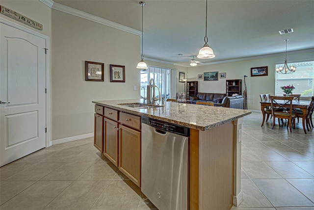 kitchen with sink, dishwasher, ornamental molding, an island with sink, and decorative light fixtures