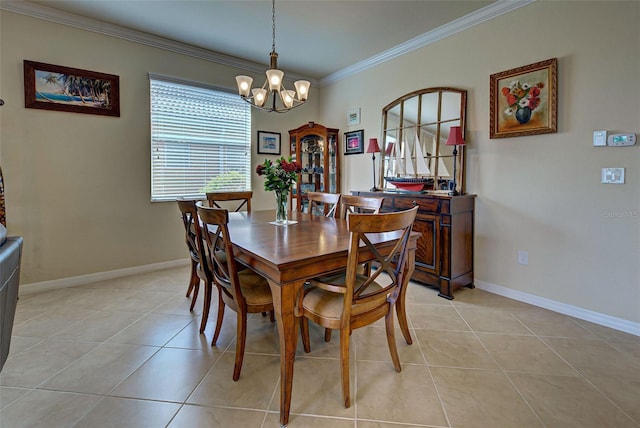 tiled dining area with an inviting chandelier and crown molding