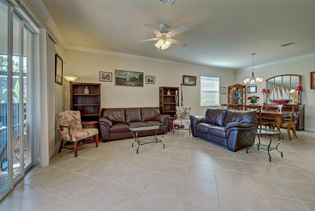 living room with light tile patterned floors, ceiling fan with notable chandelier, and ornamental molding