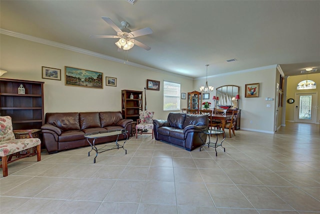 tiled living room featuring ornamental molding, plenty of natural light, and ceiling fan with notable chandelier