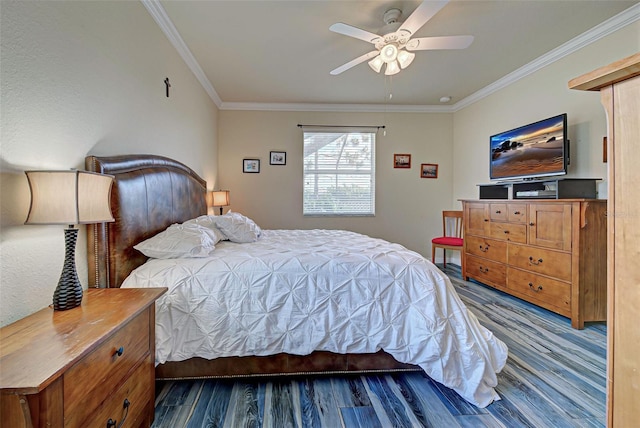 bedroom with crown molding, ceiling fan, and wood-type flooring