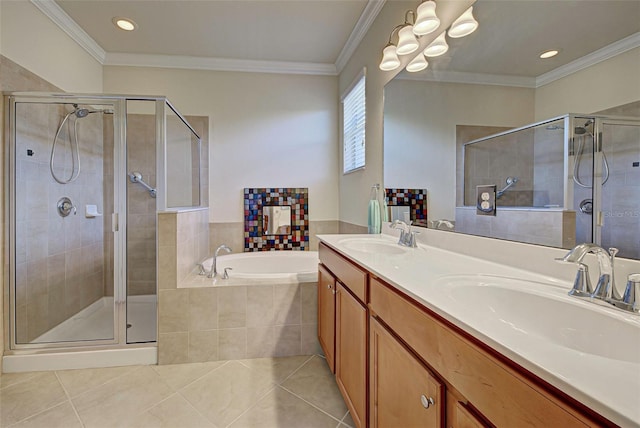 bathroom with tile patterned flooring, vanity, crown molding, and plus walk in shower