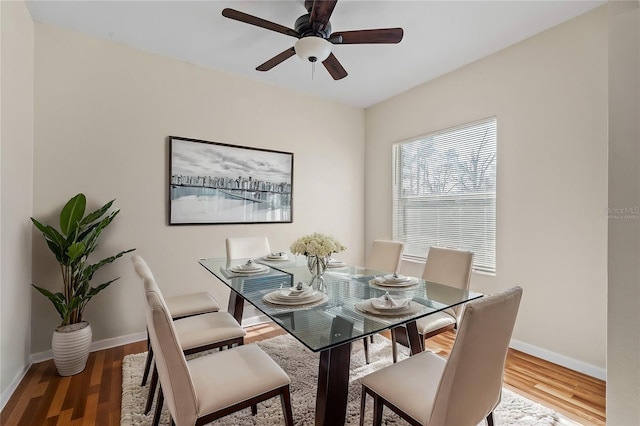 dining area with ceiling fan and wood-type flooring